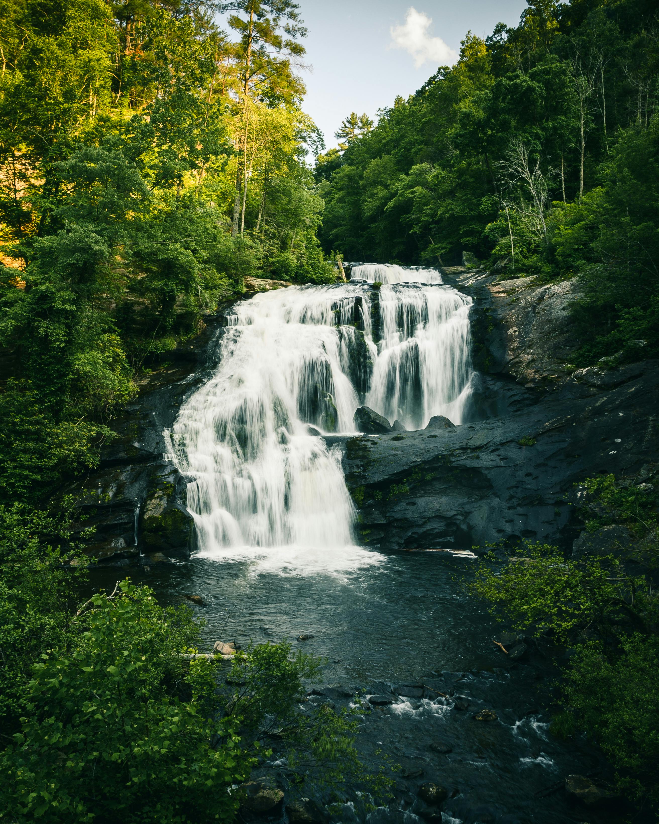 A waterfall in a secluded wooded area